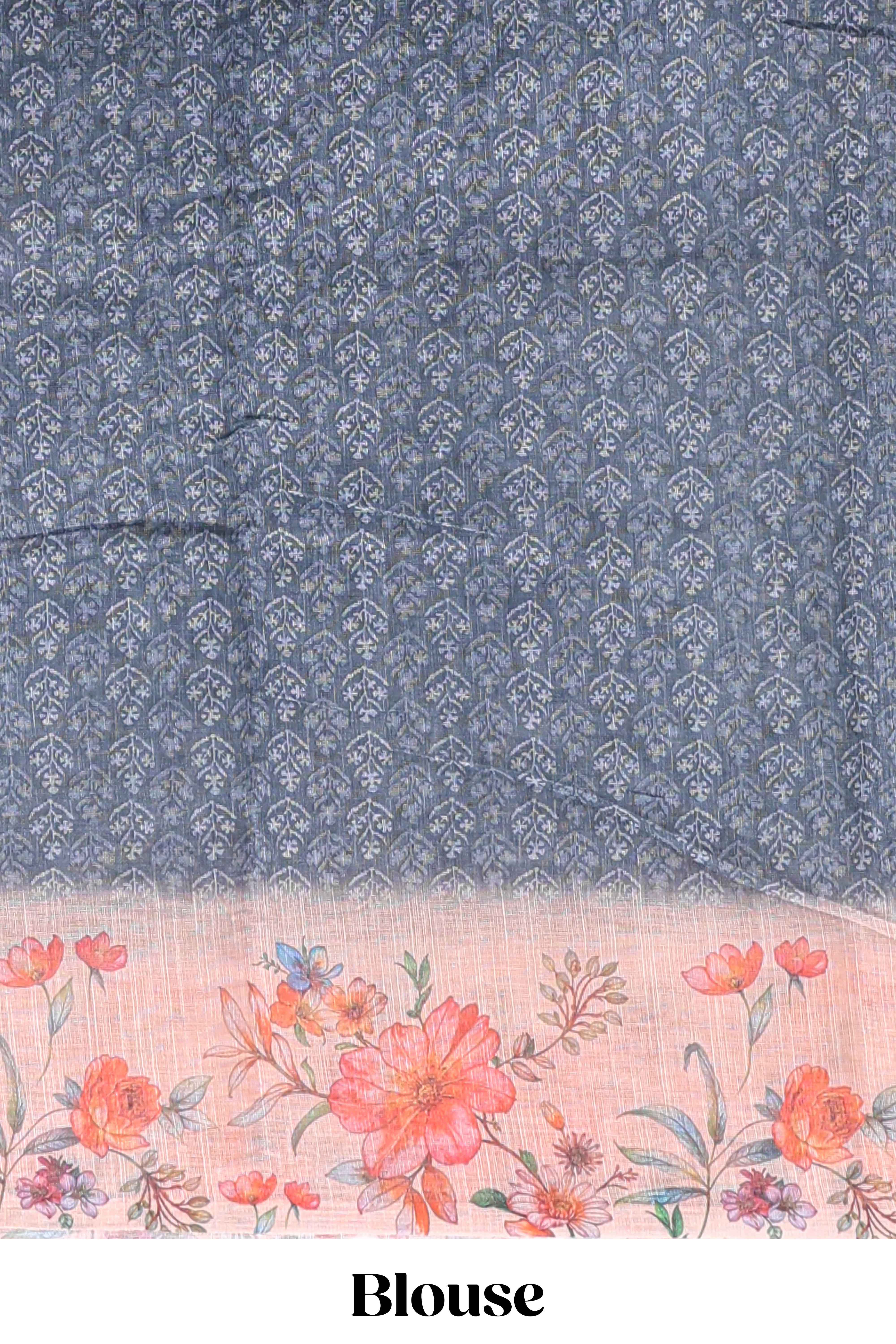 Dark grey floral design linen cotton saree with contrast floral design border and matching blouse