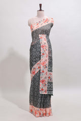 Grey floral design linen cotton saree with contrast floral design border and matching blouse