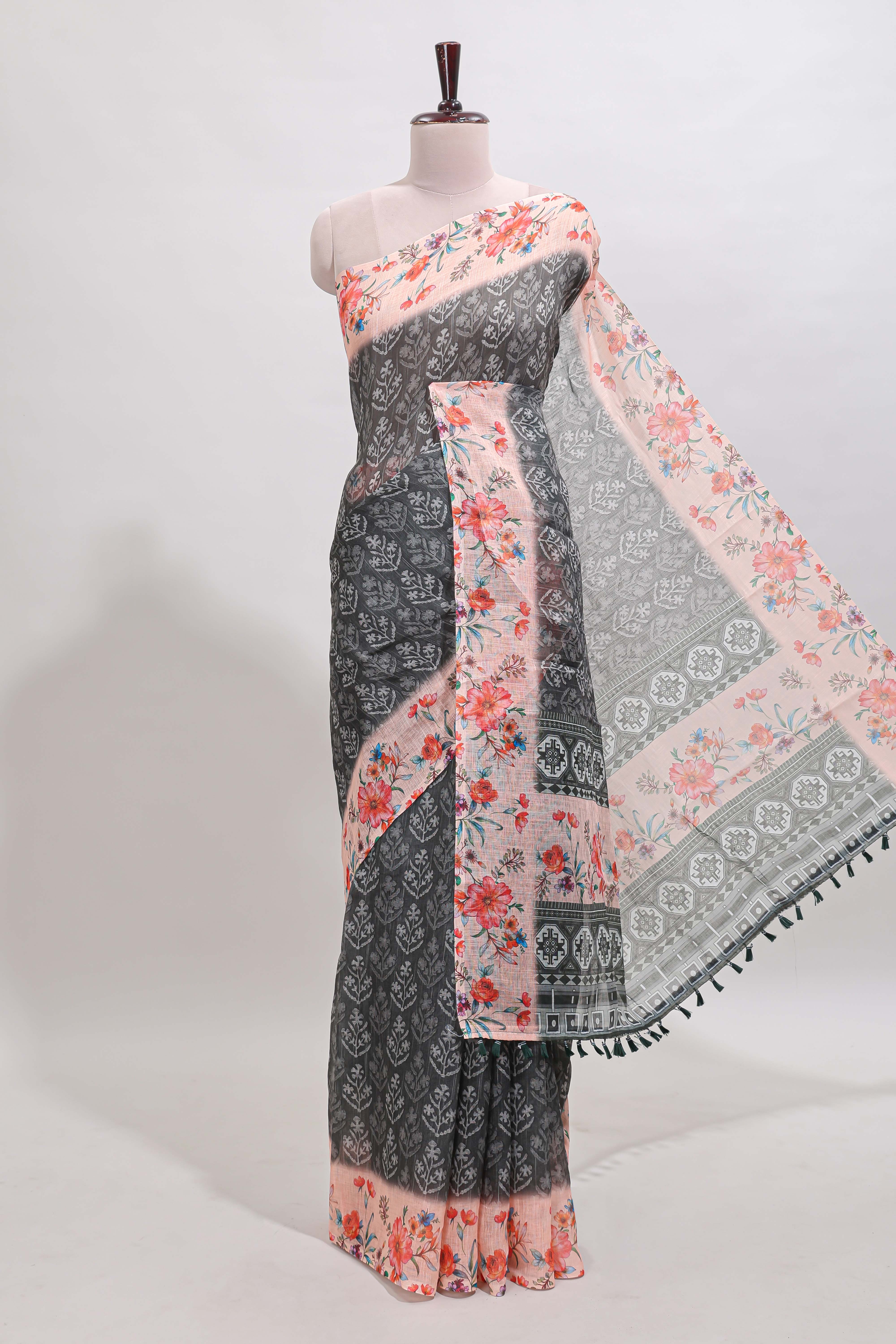 Grey floral design linen cotton saree with contrast floral design border and matching blouse
