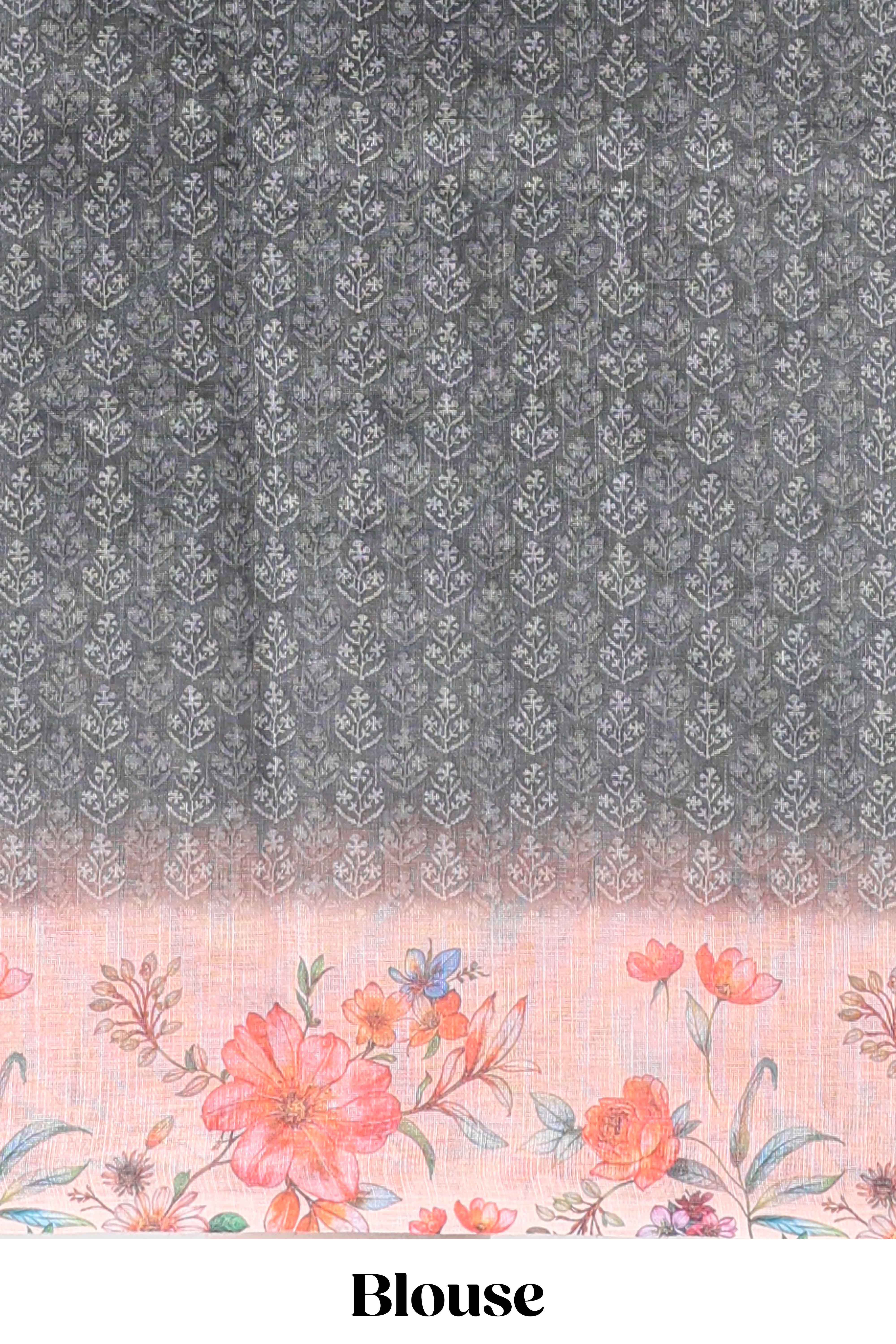 Grey floral design linen cotton saree with contrast floral design border and matching blouse