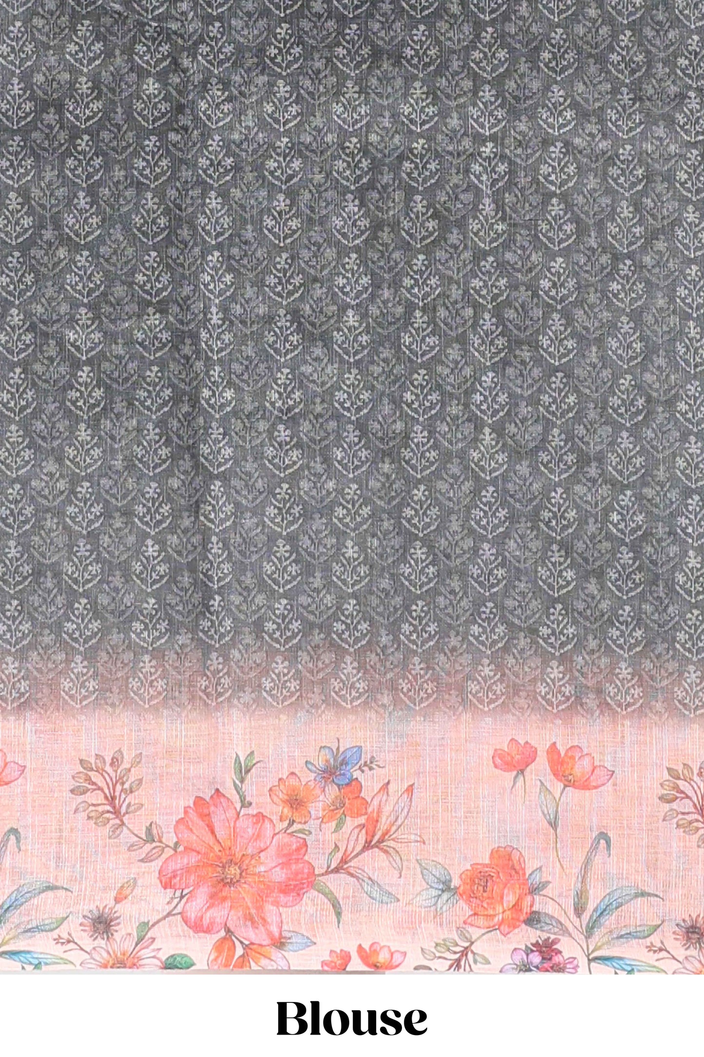 Grey floral design linen cotton saree with contrast floral design border and matching blouse