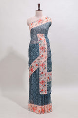 Midnight green floral design linen cotton saree with contrast floral design border and matching blouse