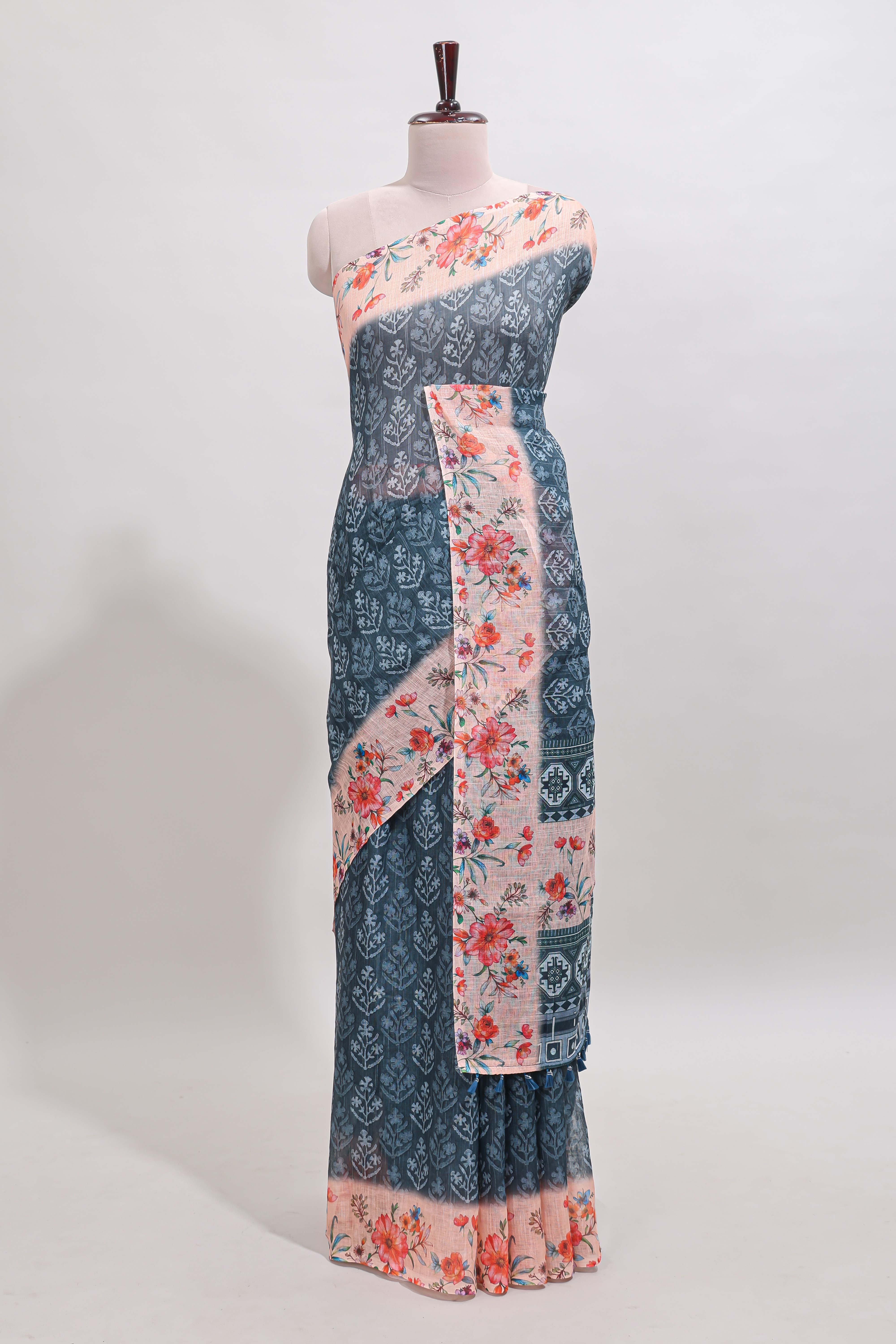 Midnight green floral design linen cotton saree with contrast floral design border and matching blouse