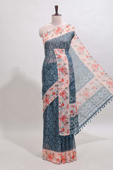 Midnight green floral design linen cotton saree with contrast floral design border and matching blouse