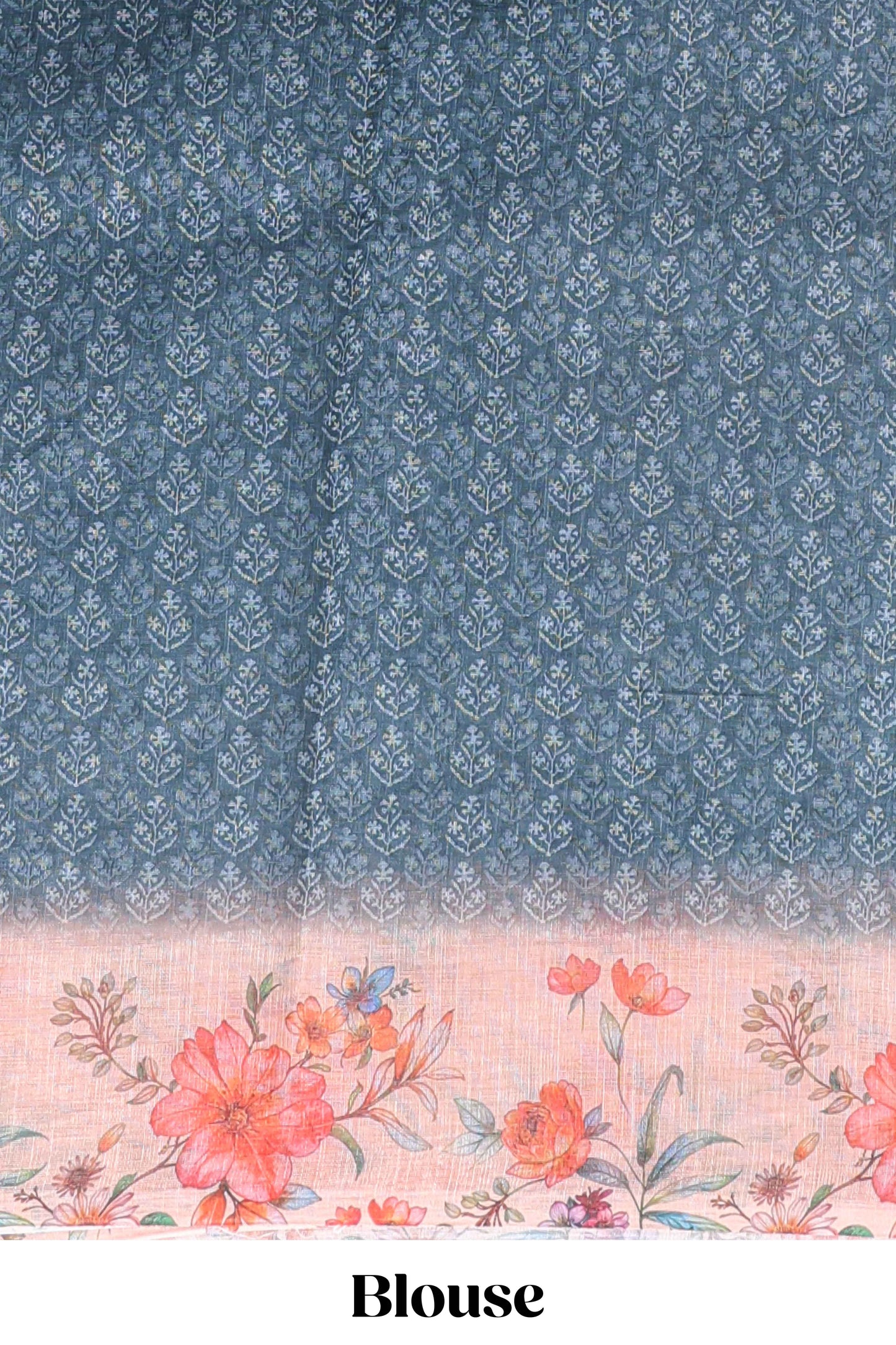 Midnight green floral design linen cotton saree with contrast floral design border and matching blouse