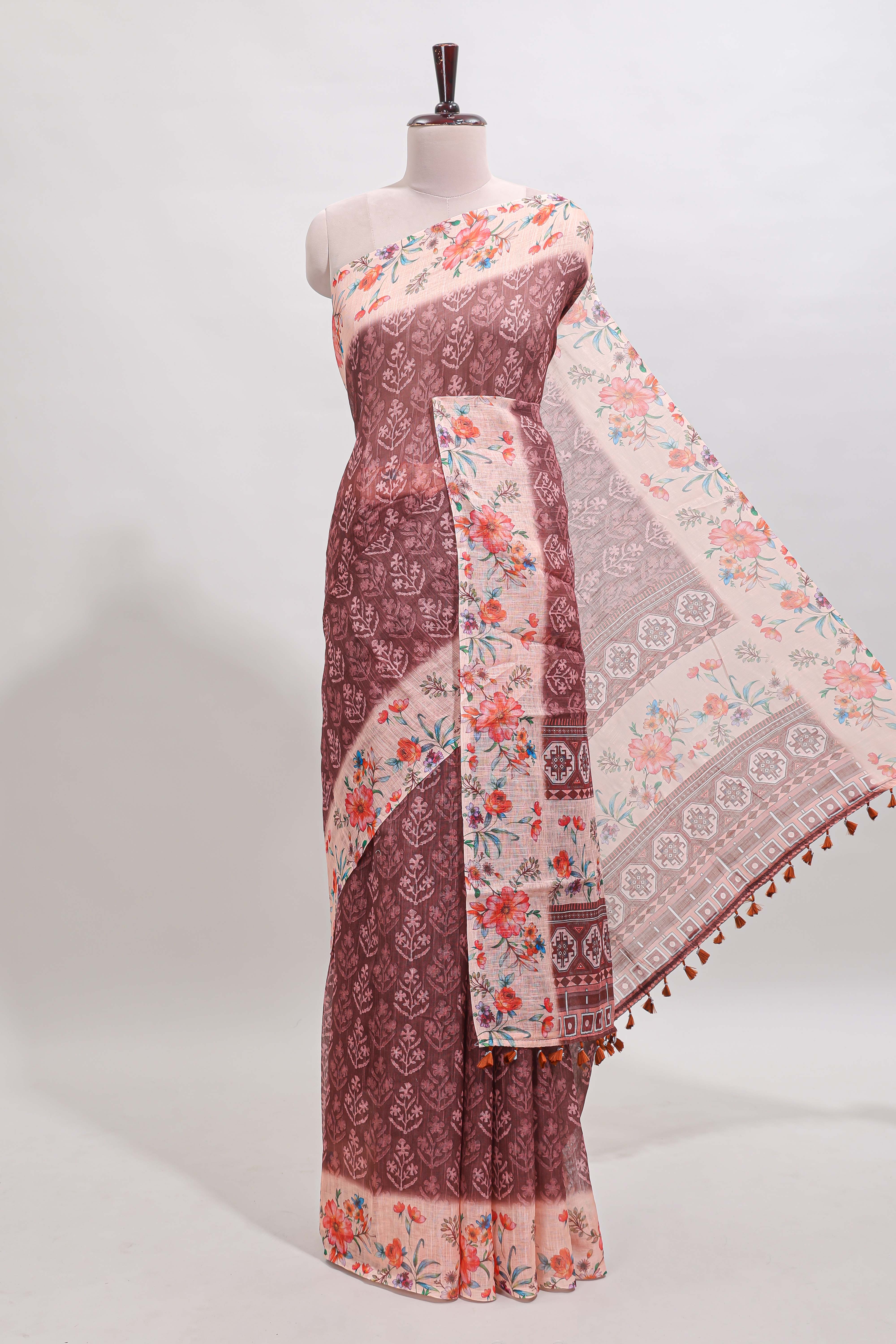 Brown floral design linen cotton saree with contrast floral design border and matching blouse