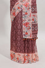 Brown floral design linen cotton saree with contrast floral design border and matching blouse