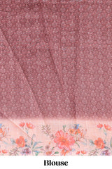 Brown floral design linen cotton saree with contrast floral design border and matching blouse