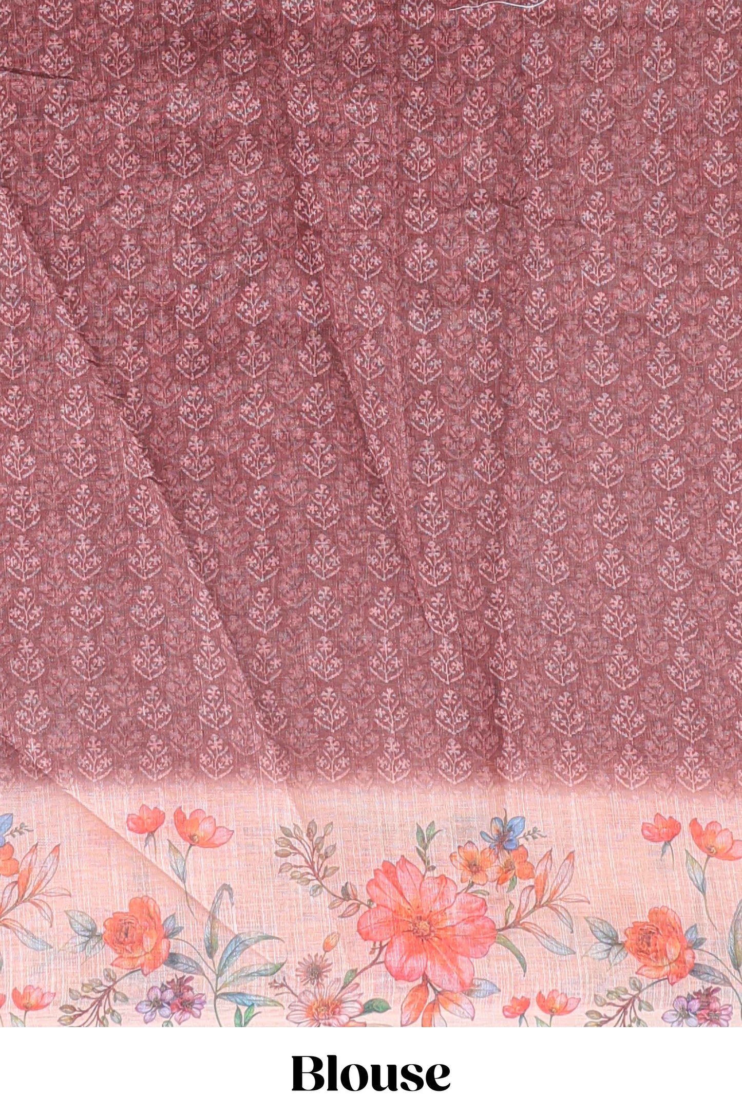 Brown floral design linen cotton saree with contrast floral design border and matching blouse