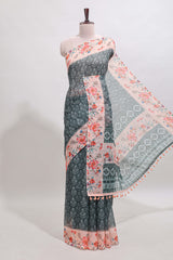 Green floral design linen cotton saree with contrast floral design border and matching blouse