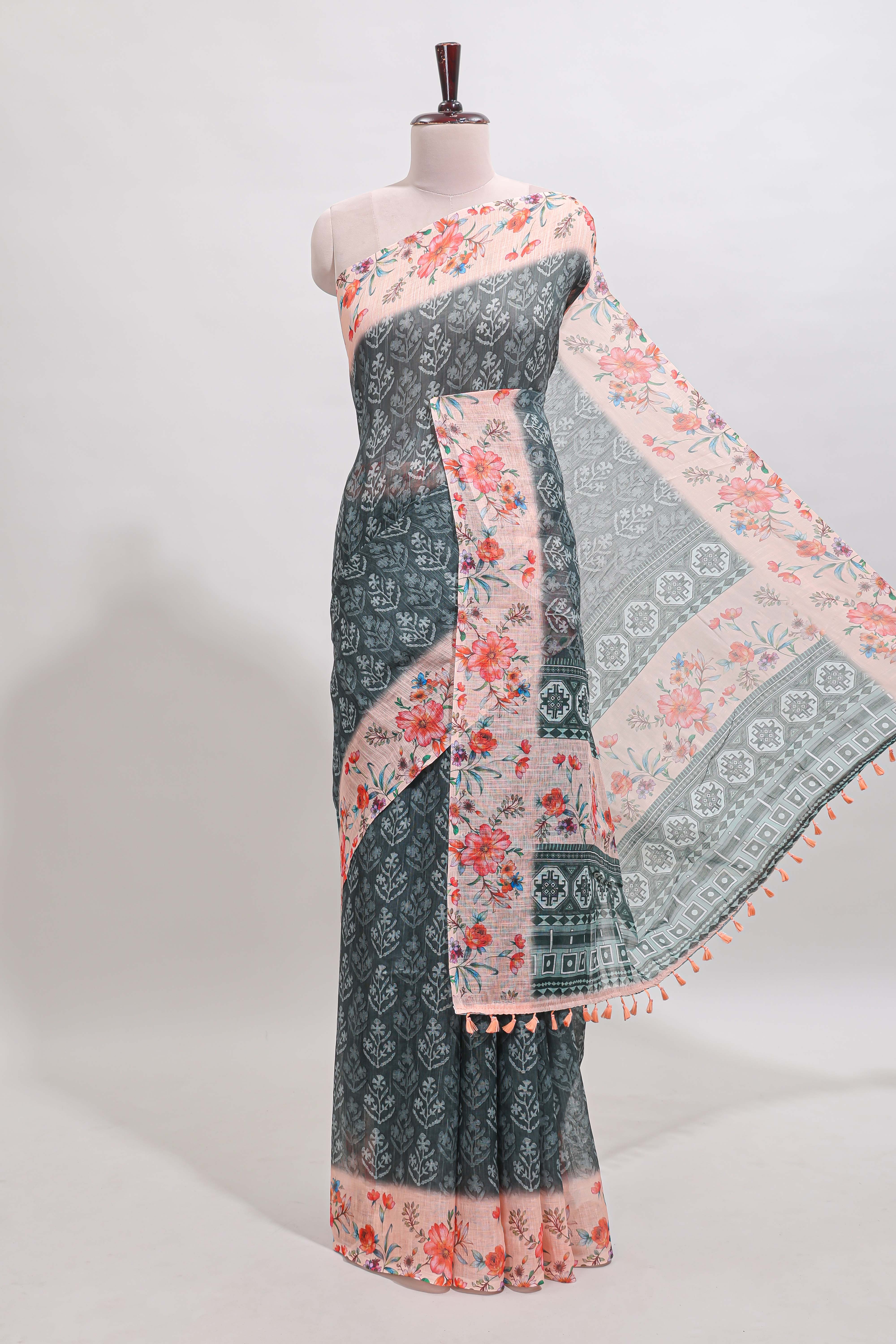 Green floral design linen cotton saree with contrast floral design border and matching blouse