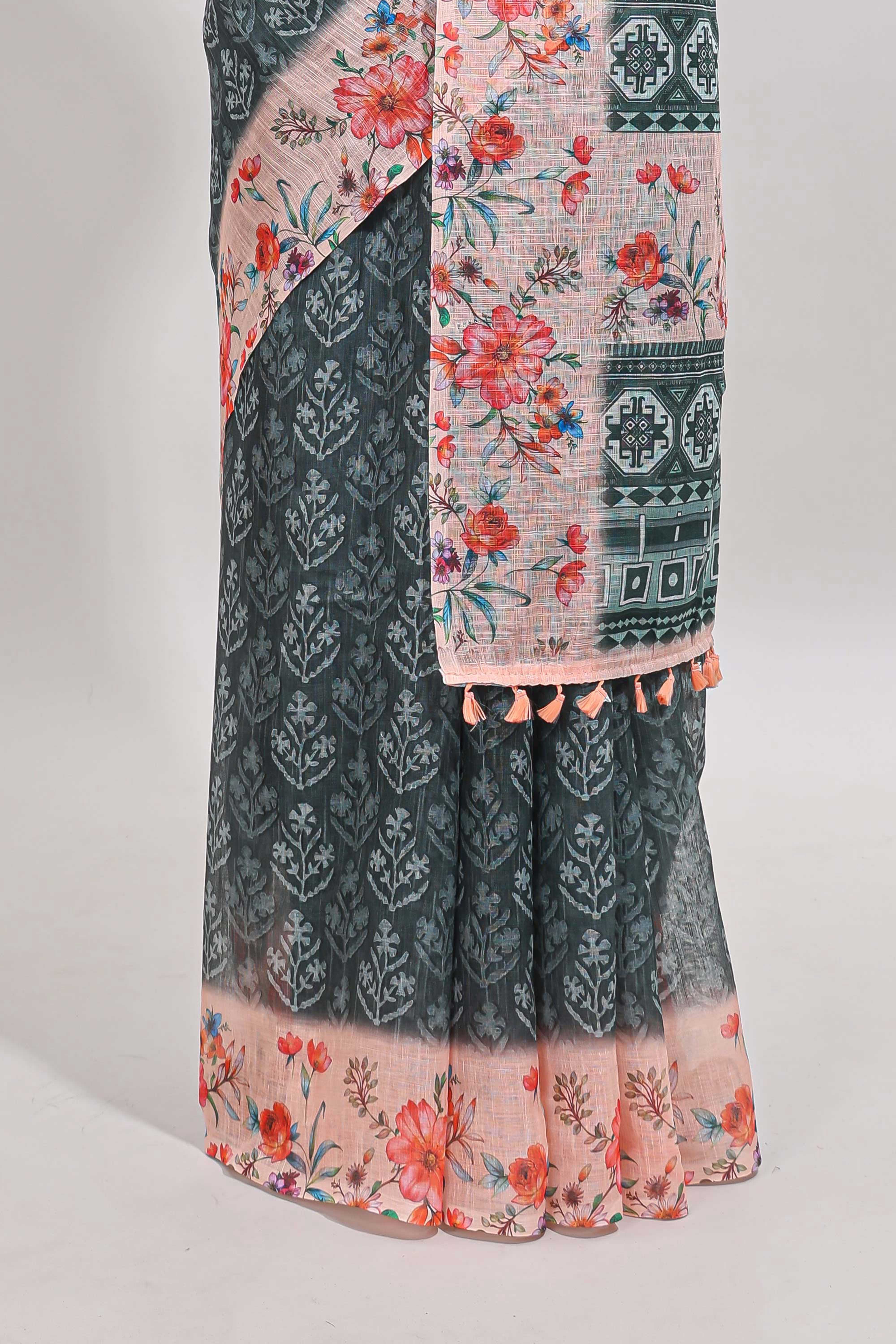 Green floral design linen cotton saree with contrast floral design border and matching blouse
