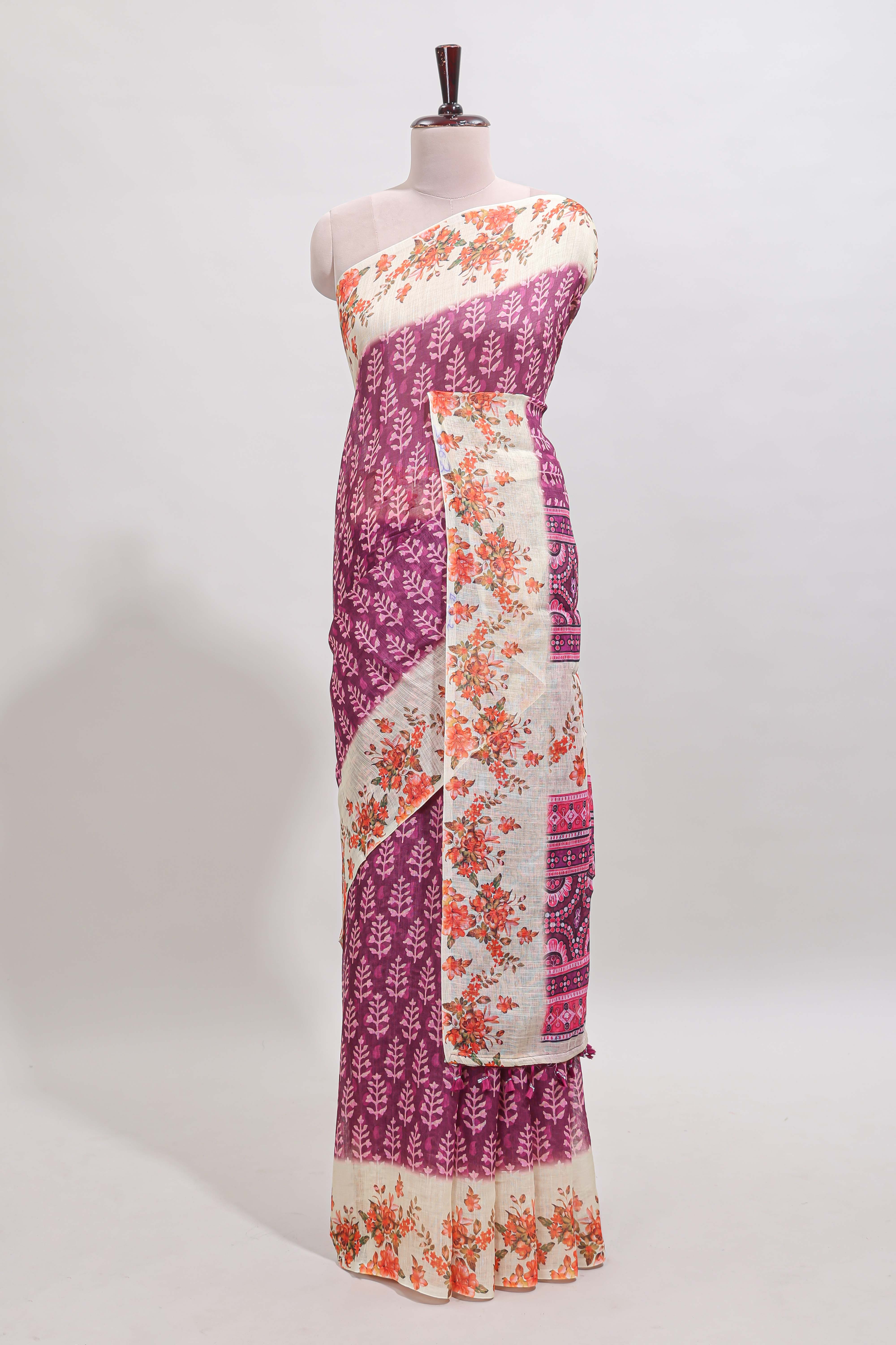 Purple leaf design linen cotton saree with contrast floral design border and matching blouse