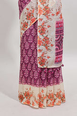 Purple leaf design linen cotton saree with contrast floral design border and matching blouse