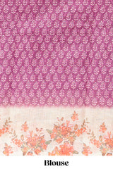 Purple leaf design linen cotton saree with contrast floral design border and matching blouse