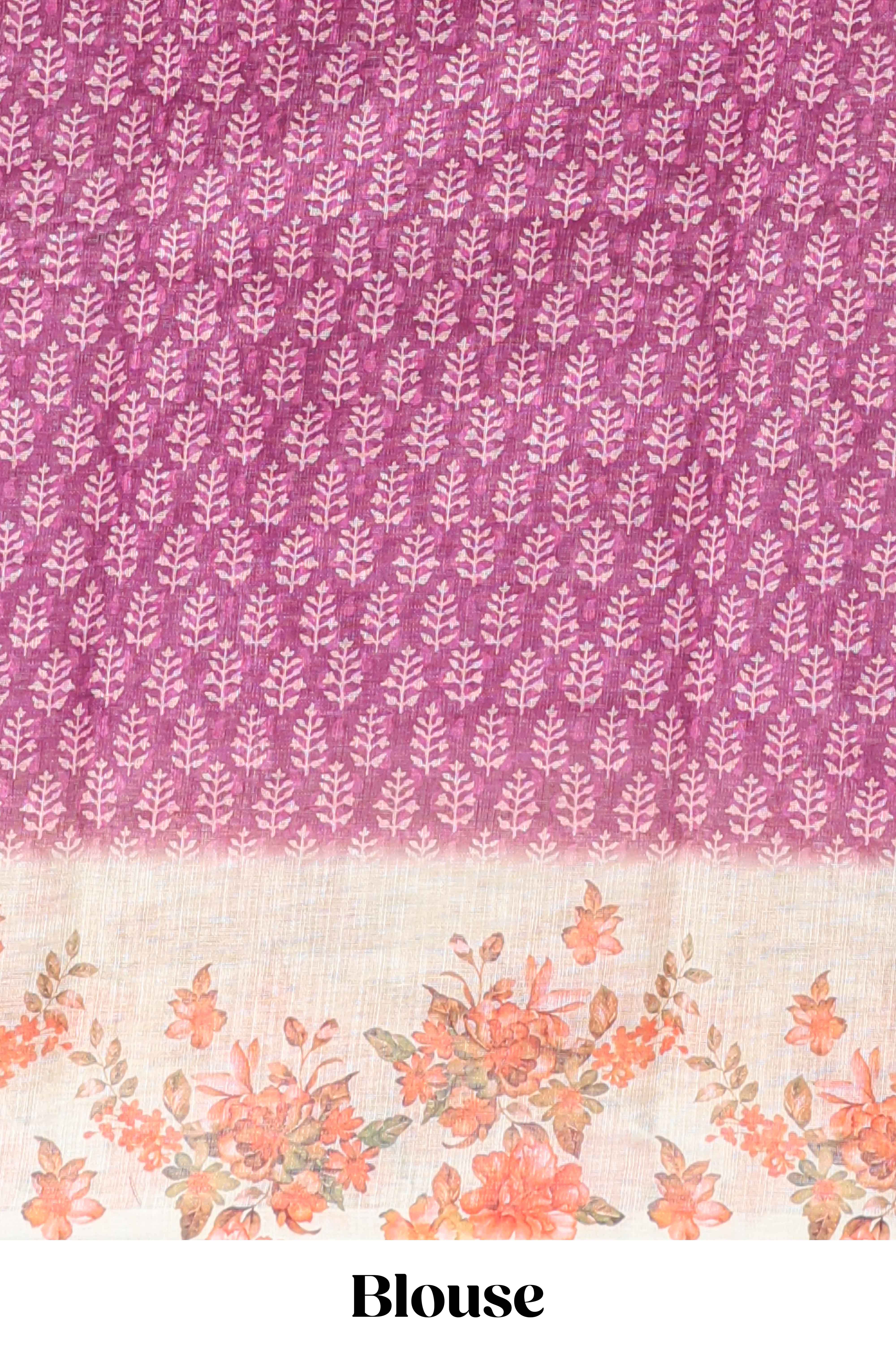 Purple leaf design linen cotton saree with contrast floral design border and matching blouse