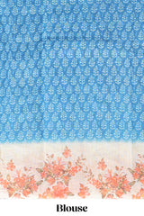 Blue leaf design linen cotton saree with contrast floral design border and matching blouse