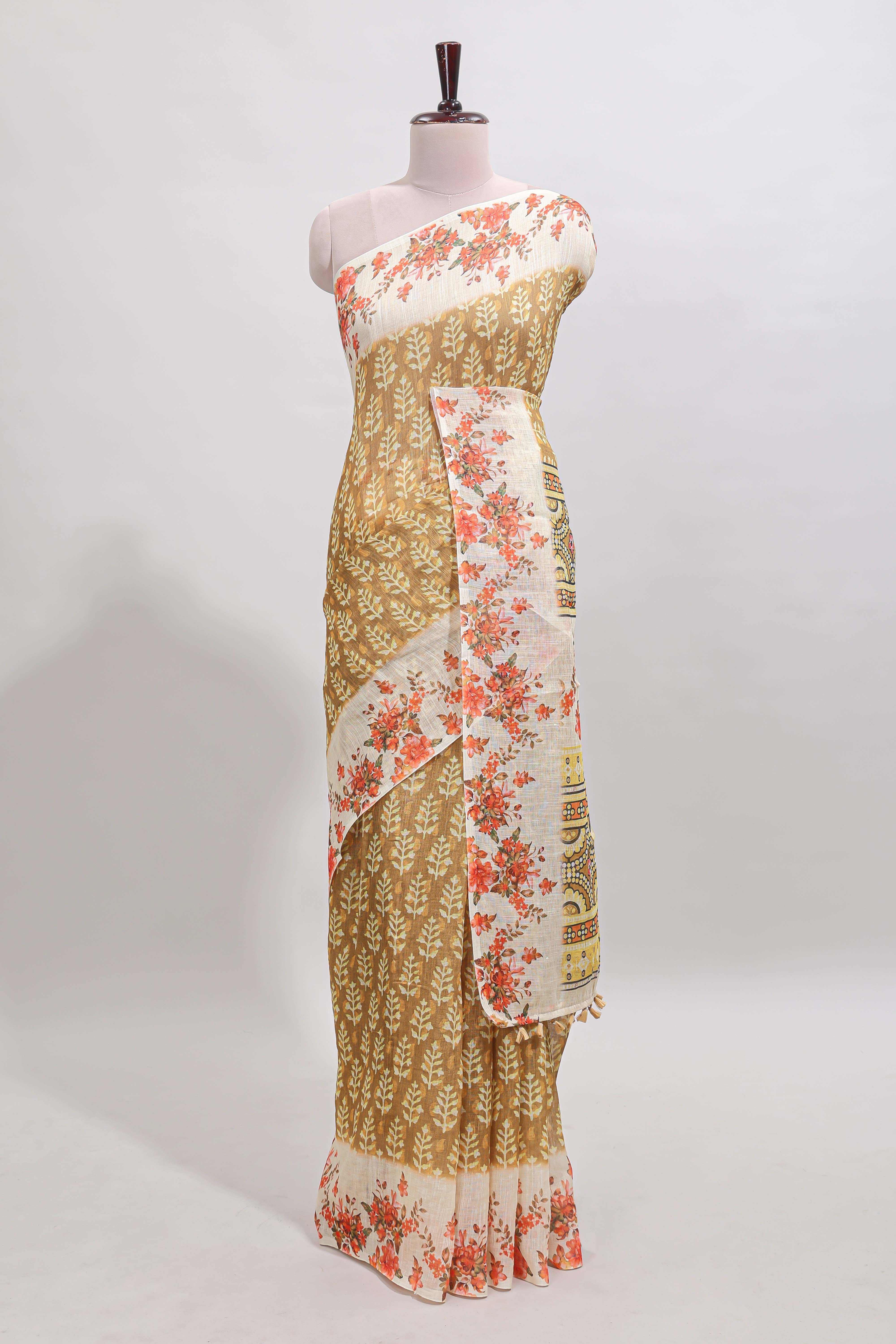 Mustard leaf design linen cotton saree with contrast floral design border and matching blouse