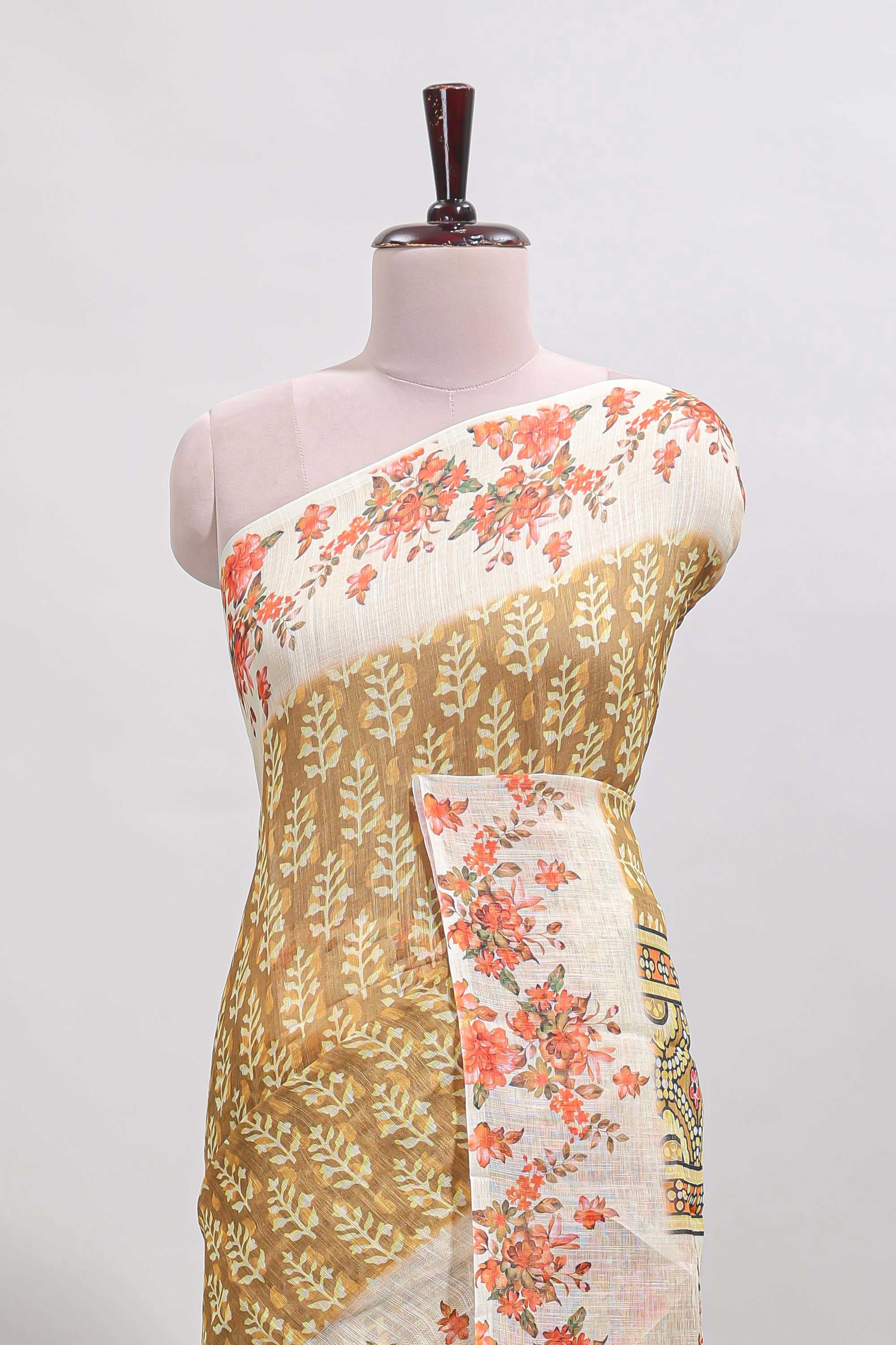Mustard leaf design linen cotton saree with contrast floral design border and matching blouse