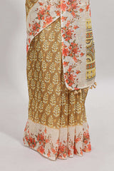 Mustard leaf design linen cotton saree with contrast floral design border and matching blouse