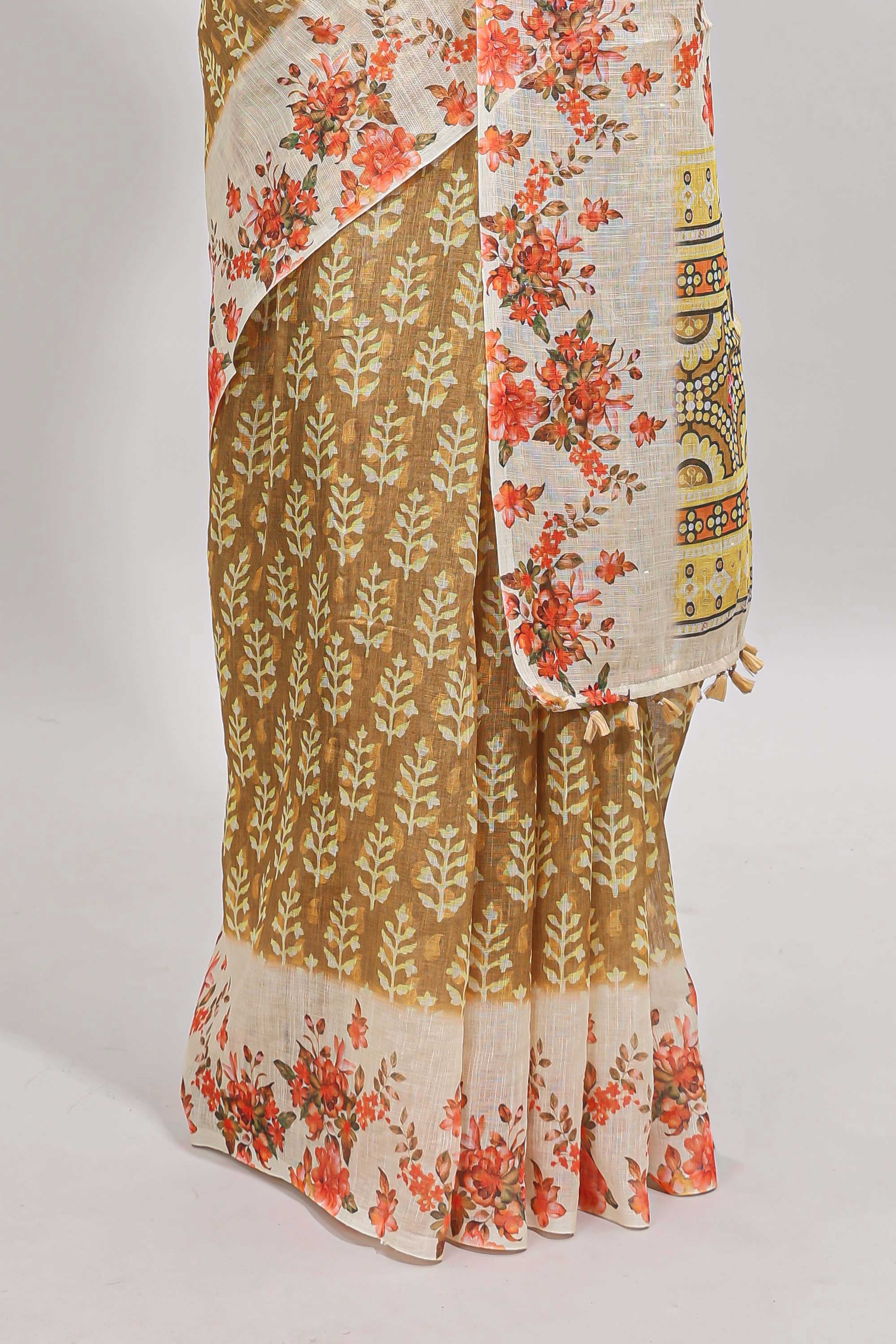 Mustard leaf design linen cotton saree with contrast floral design border and matching blouse