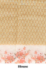 Mustard leaf design linen cotton saree with contrast floral design border and matching blouse