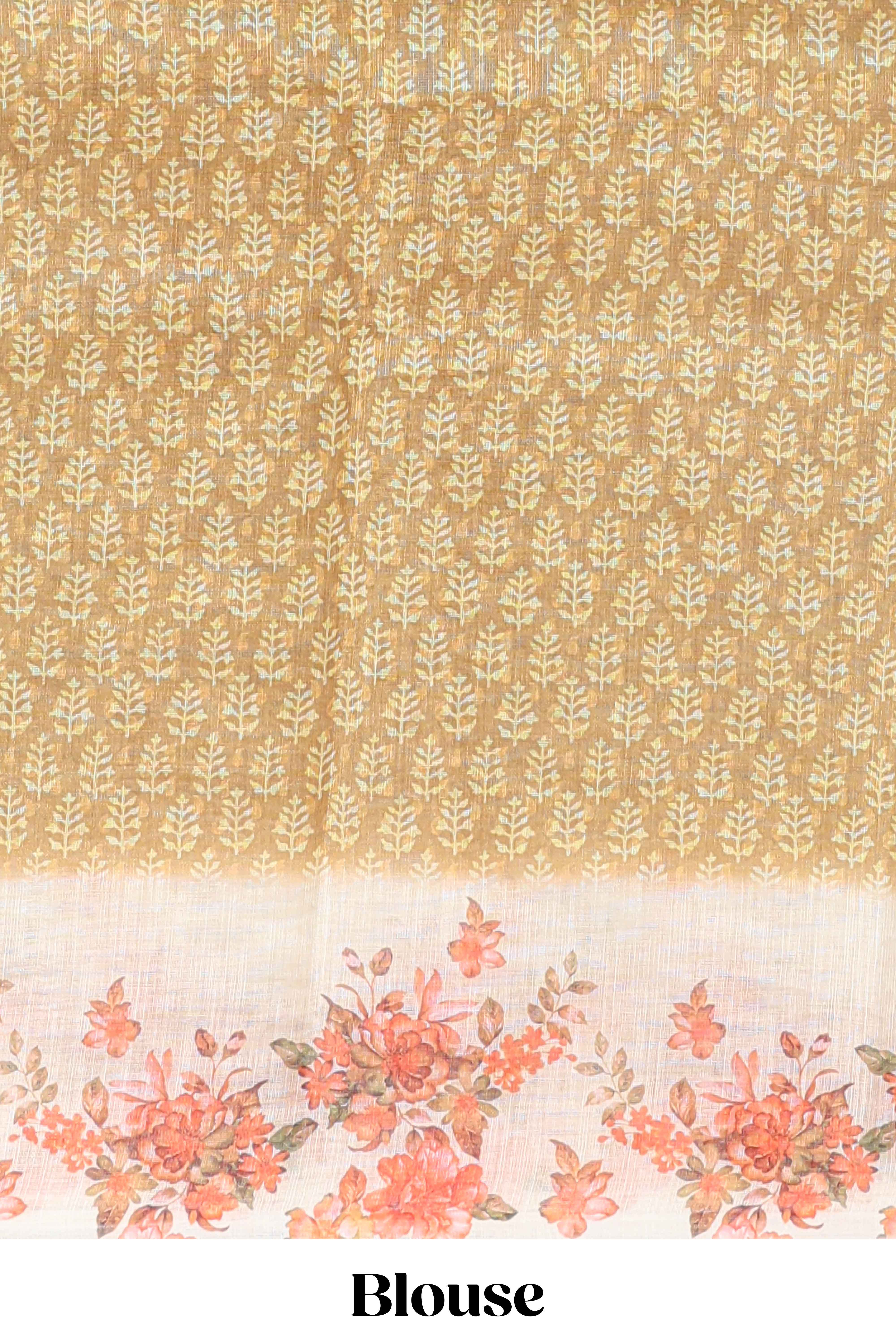 Mustard leaf design linen cotton saree with contrast floral design border and matching blouse