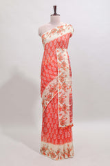 Orange leaf design linen cotton saree with contrast floral design border and matching blouse