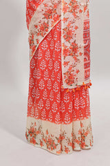 Orange leaf design linen cotton saree with contrast floral design border and matching blouse