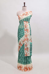 Green leaf design linen cotton saree with contrast floral design border and matching blouse