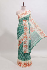 Green leaf design linen cotton saree with contrast floral design border and matching blouse