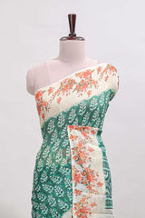 Green leaf design linen cotton saree with contrast floral design border and matching blouse