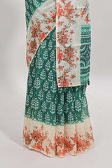 Green leaf design linen cotton saree with contrast floral design border and matching blouse