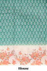 Green leaf design linen cotton saree with contrast floral design border and matching blouse