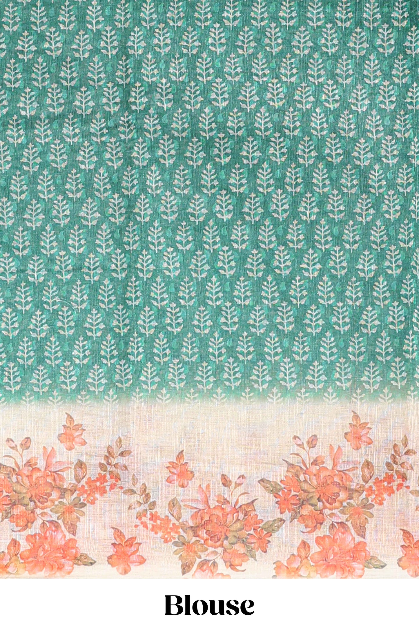 Green leaf design linen cotton saree with contrast floral design border and matching blouse