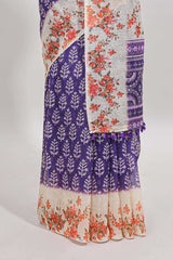 Violet leaf design linen cotton saree with contrast floral design border and matching blouse