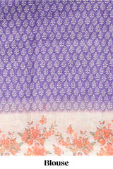 Violet leaf design linen cotton saree with contrast floral design border and matching blouse
