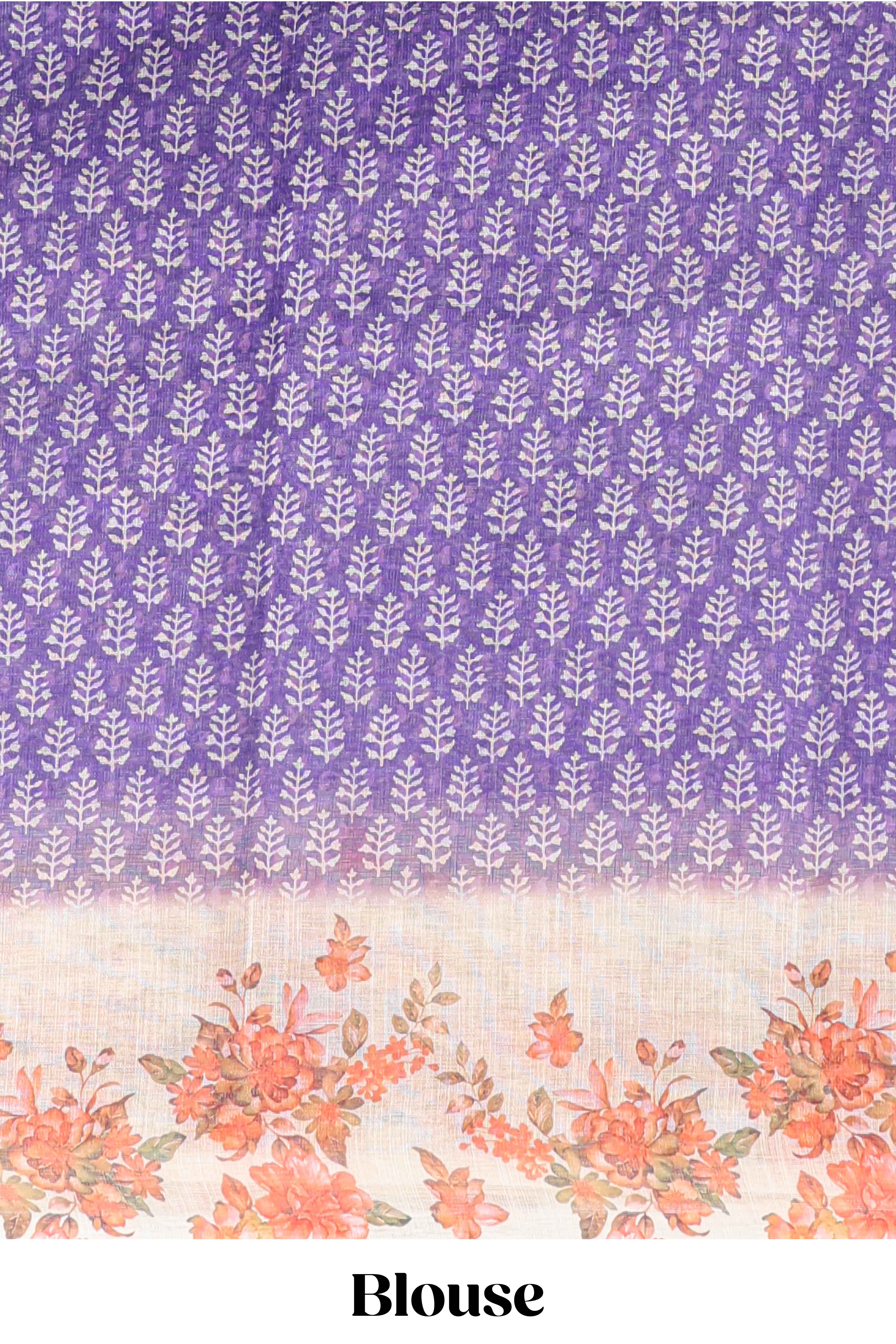 Violet leaf design linen cotton saree with contrast floral design border and matching blouse