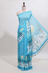 Turquoise blue winter themed linen cotton saree with self border and matching blouse