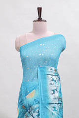 Turquoise blue winter themed linen cotton saree with self border and matching blouse
