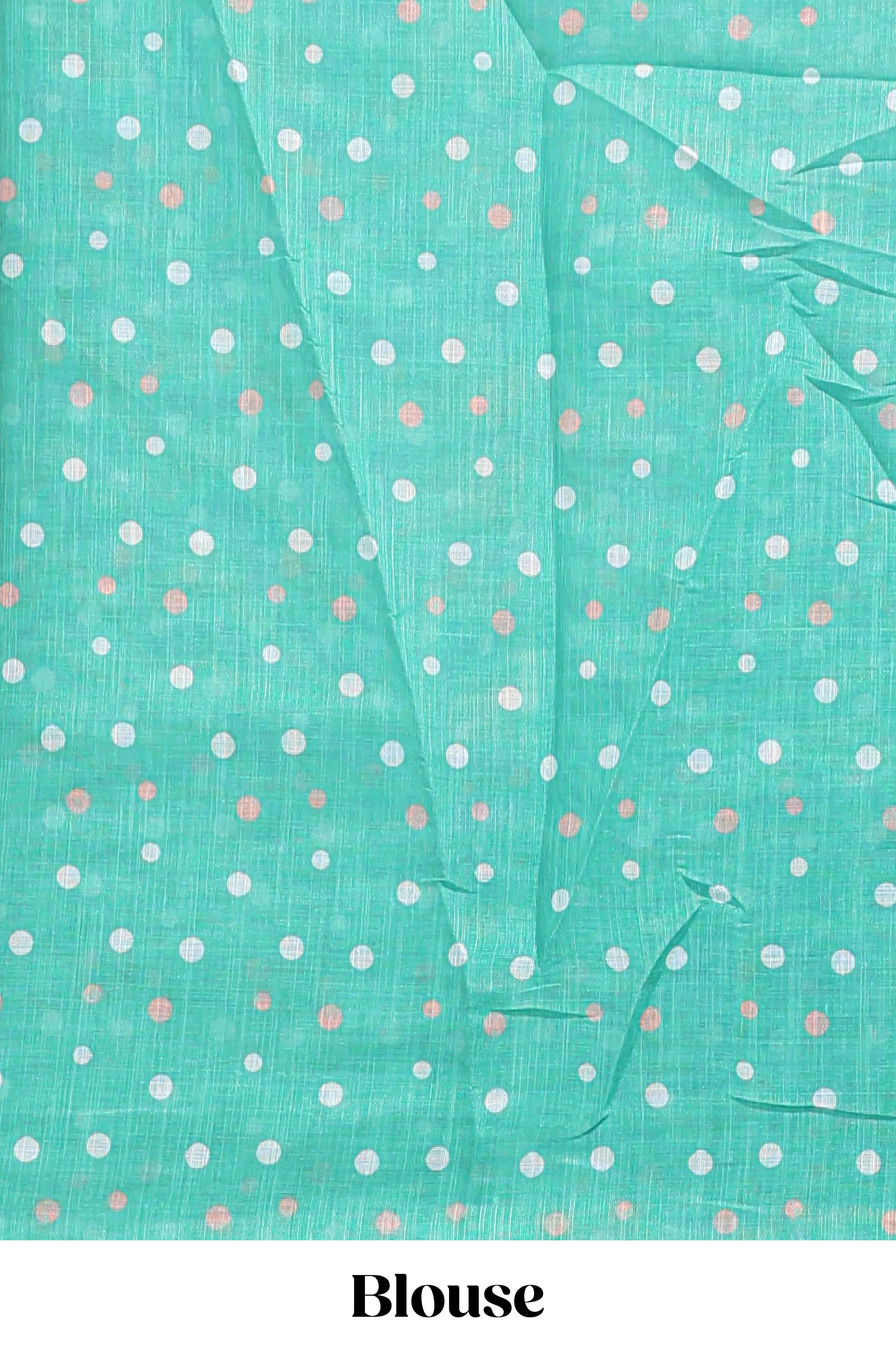 Turquoise green winter themed linen cotton saree with self border and matching blouse