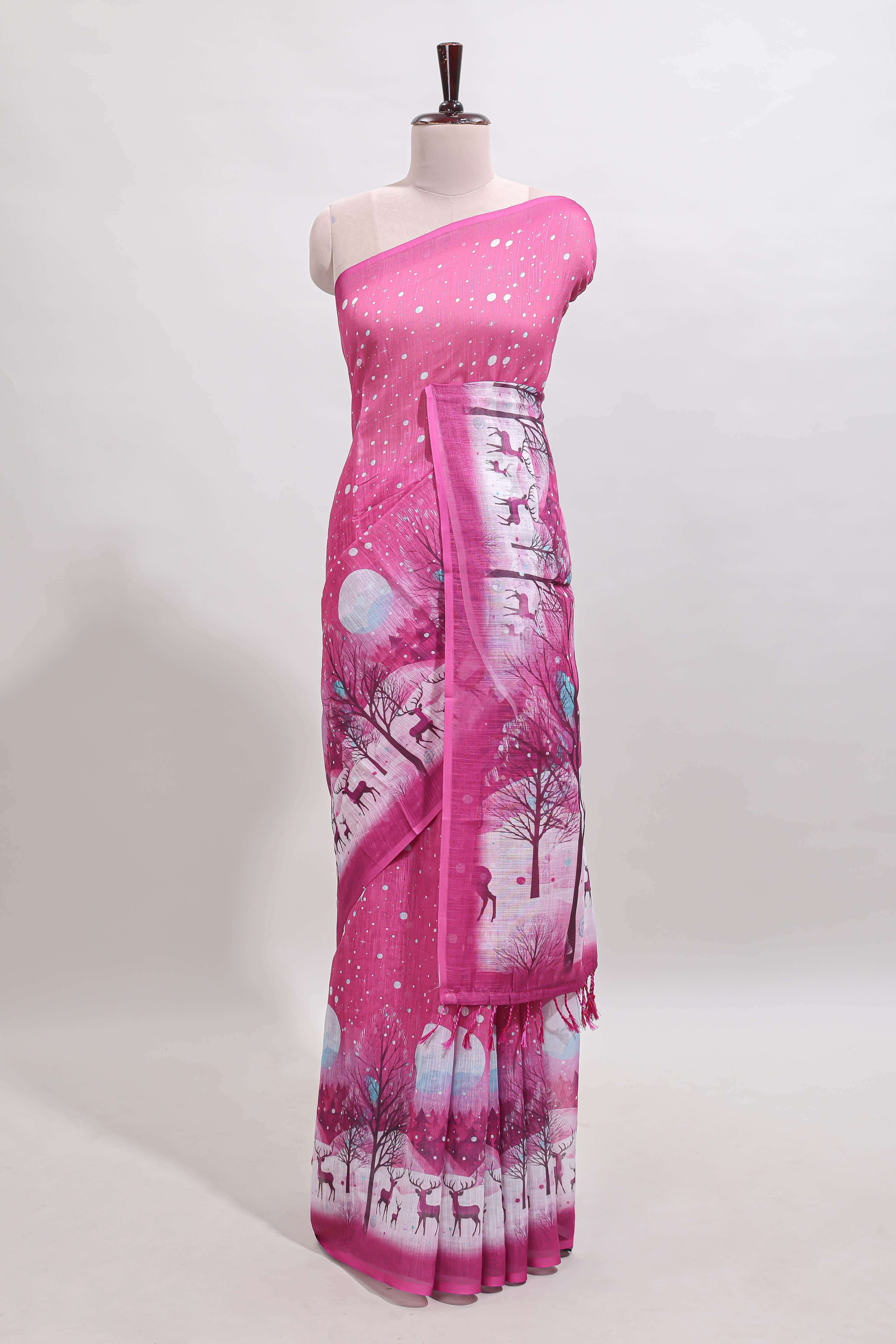 Pink winter themed linen cotton saree with self border and matching blouse