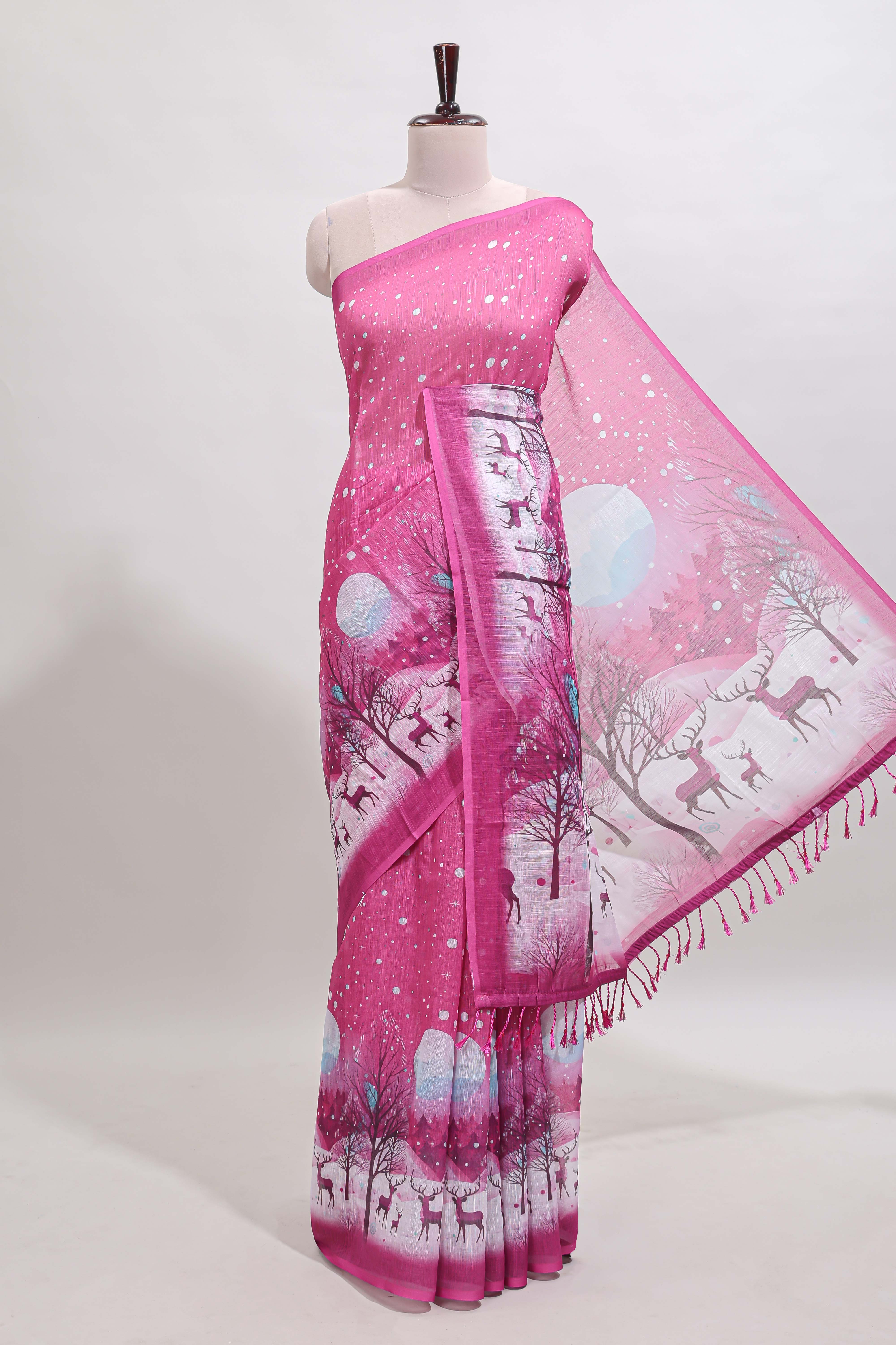 Pink winter themed linen cotton saree with self border and matching blouse