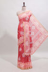 Pink shibori print motifs linen cotton saree with contrast border and matching blouse