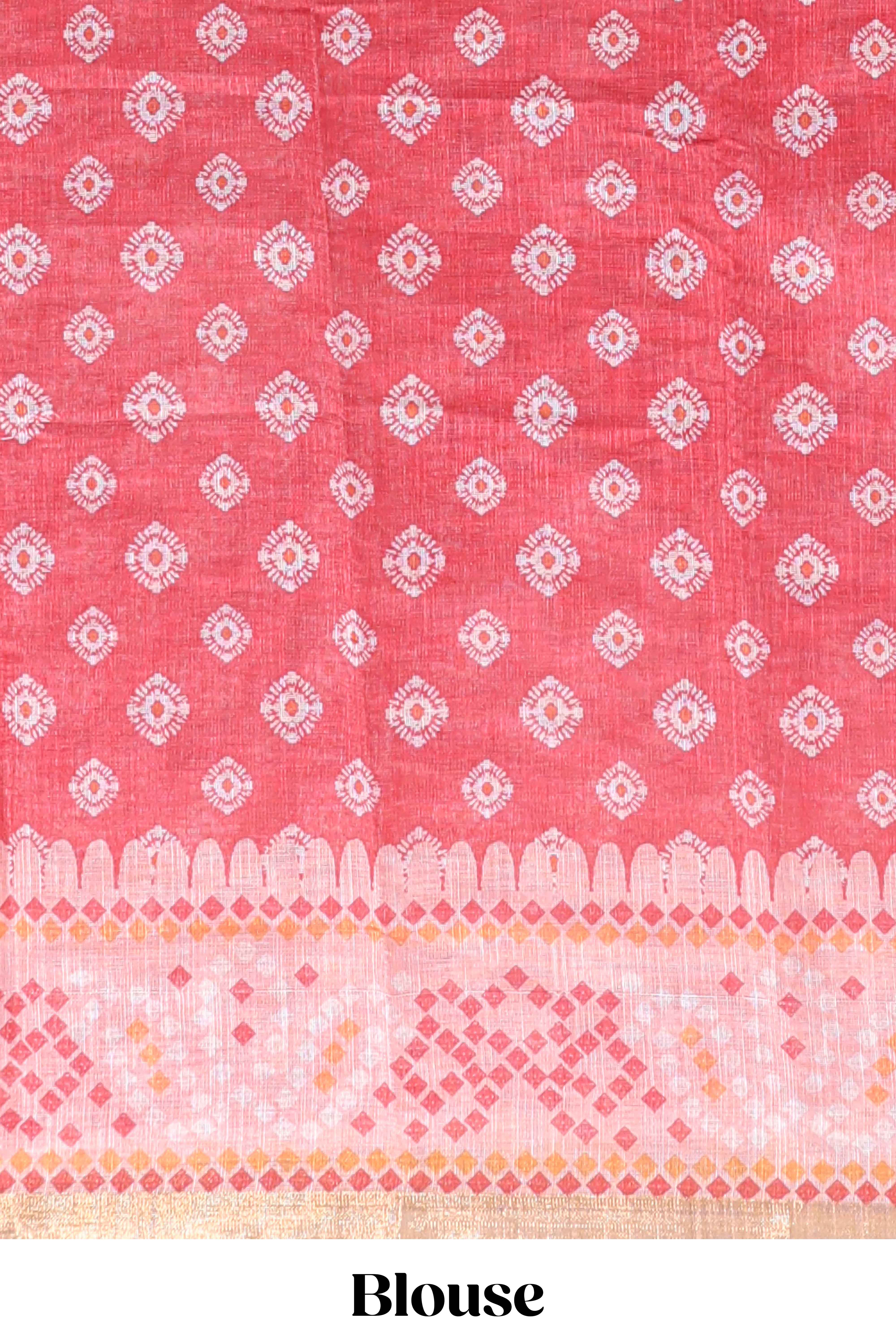Pink shibori print motifs linen cotton saree with contrast border and matching blouse