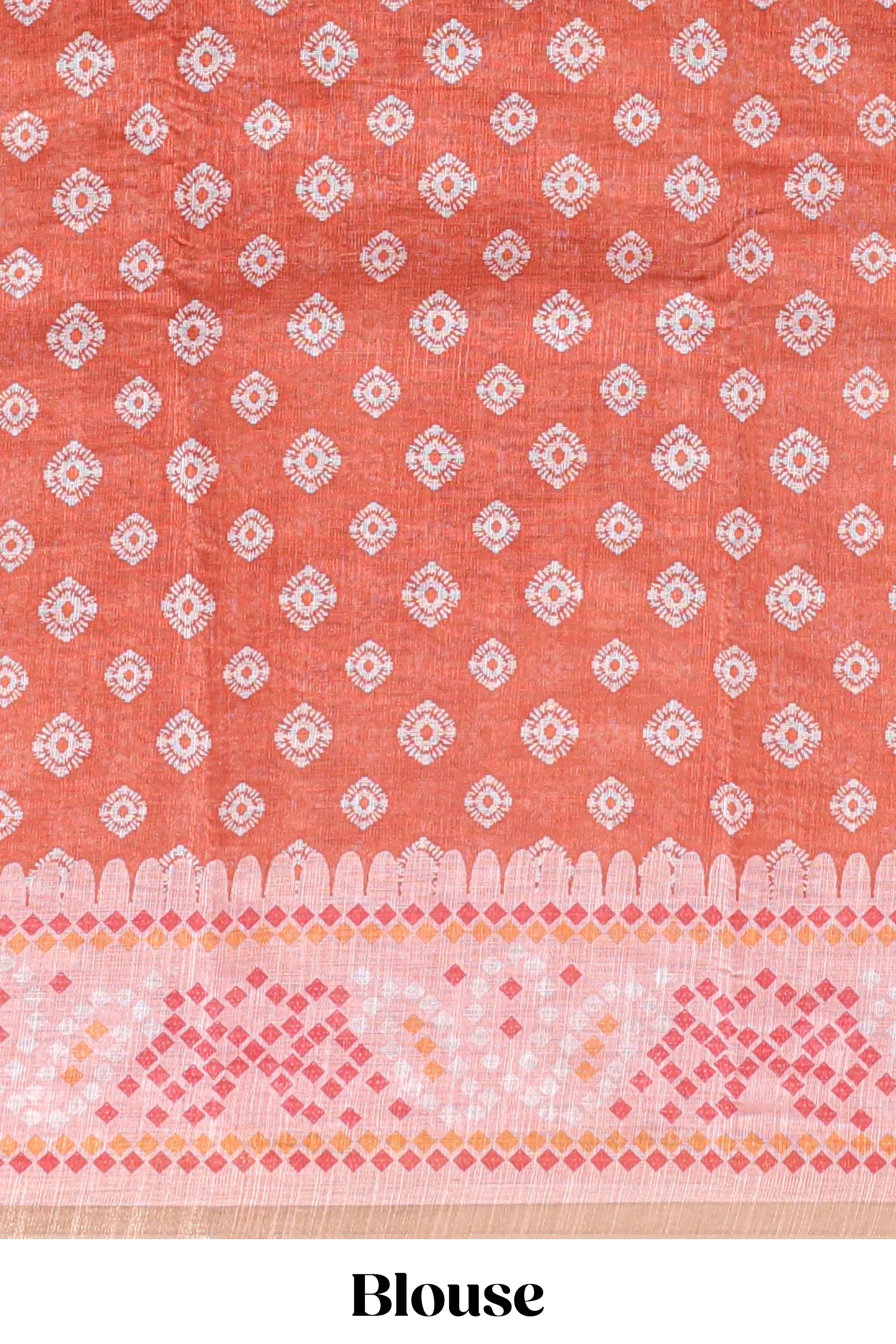 Orange shibori print motifs linen cotton saree with contrast border and matching blouse