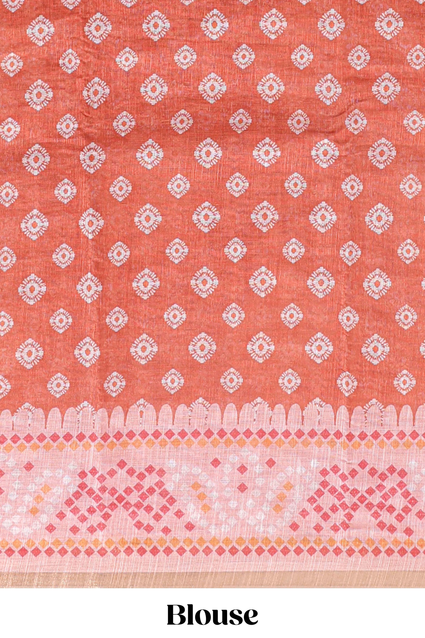 Orange shibori print motifs linen cotton saree with contrast border and matching blouse