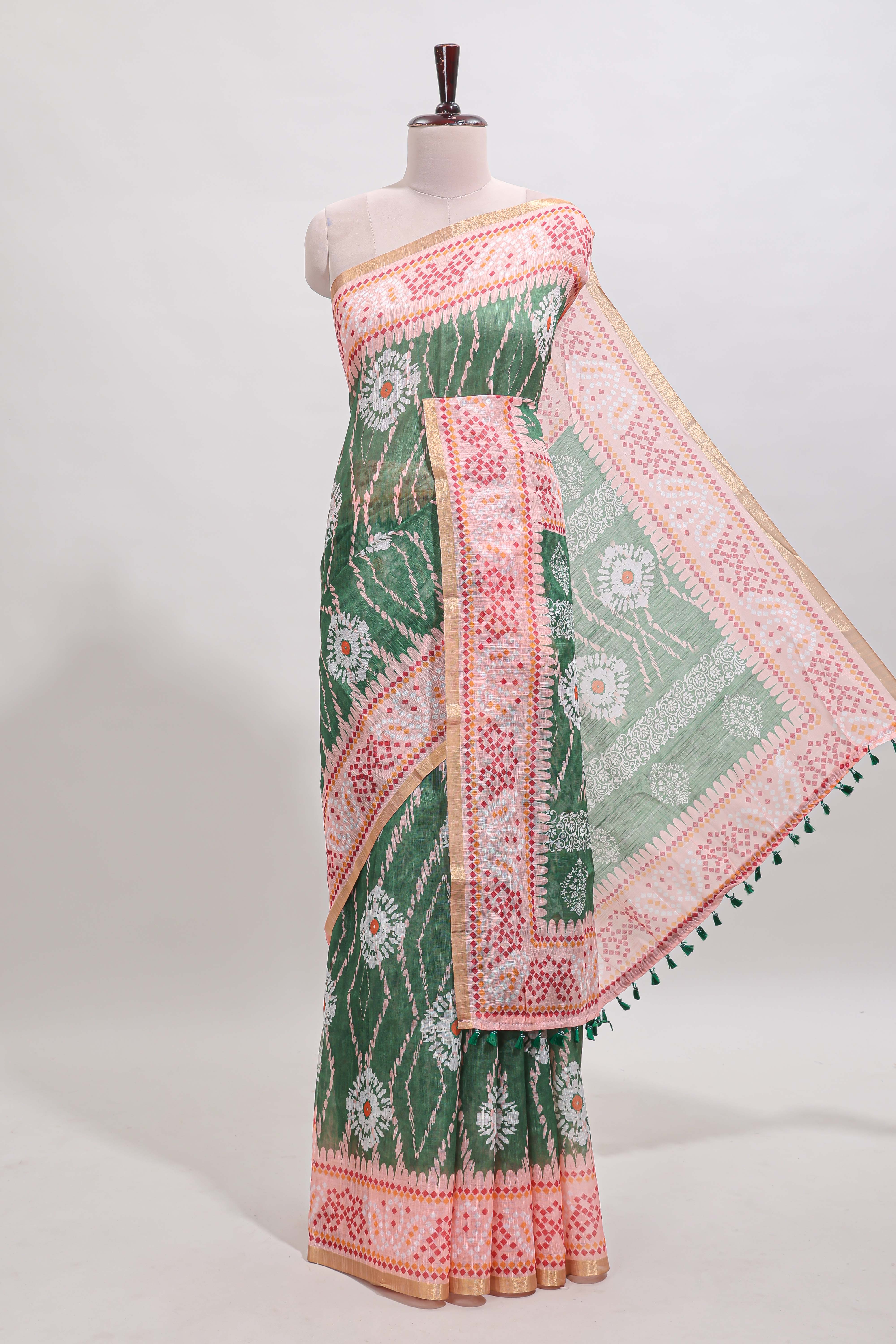 Green shibori print motifs linen cotton saree with contrast border and matching blouse