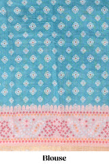 Blue shibori print motifs linen cotton saree with contrast border and matching blouse