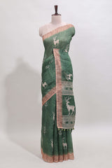 Green floral & deer design motifs linen cotton saree with contrast border and matching printed blouse